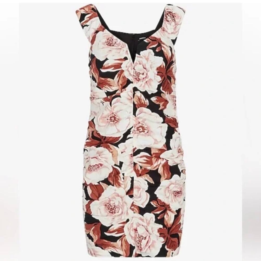 NWT Express Brown/Pink Floral Ruched Mini Dress Size XS Linen Blend Scoop Neck - Picture 5 of 13